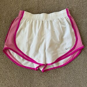 NIKE • Women’s White with Pink Trim Tempo Running  Shorts Dri-Fit Size- Small